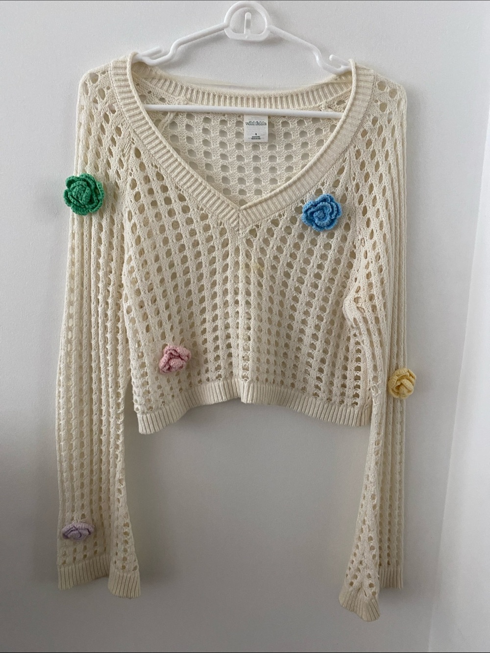 Wild Fable Cream Crochet V-Neck Sweater with Floral Appliqués - Womens